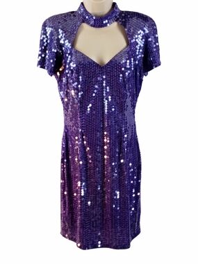 Vintage Nite Line Sequined Purple Lilac Midi Dress with Cutout Neckline